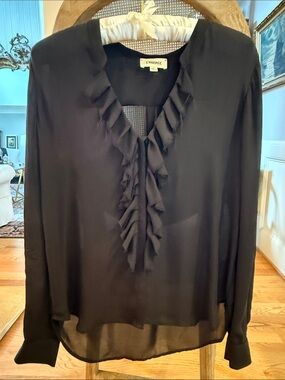 L'AGENCE Black Ruffle V-Neck Silk Chiffon NWOT Size S
